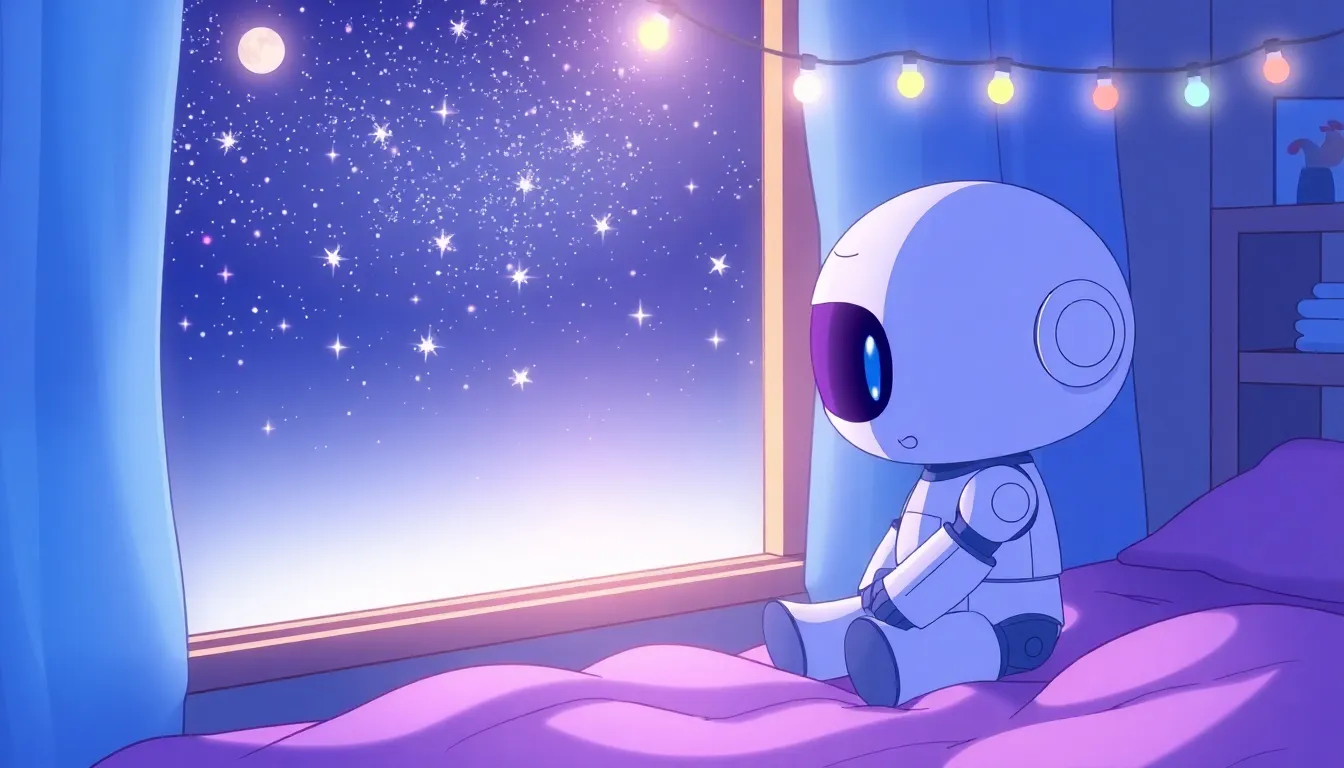 窓から星を眺めるかわいいロボット