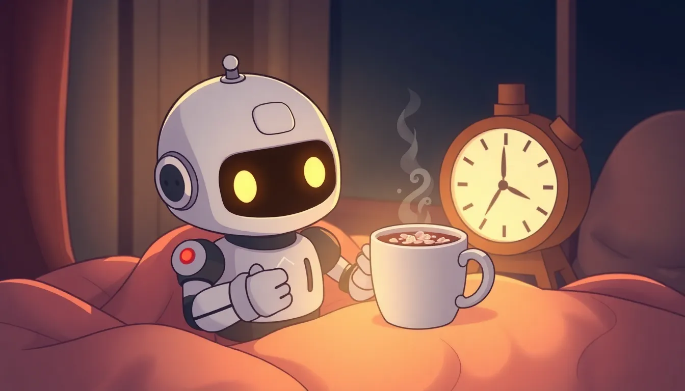 深夜にホットココアを飲むかわいいロボット
