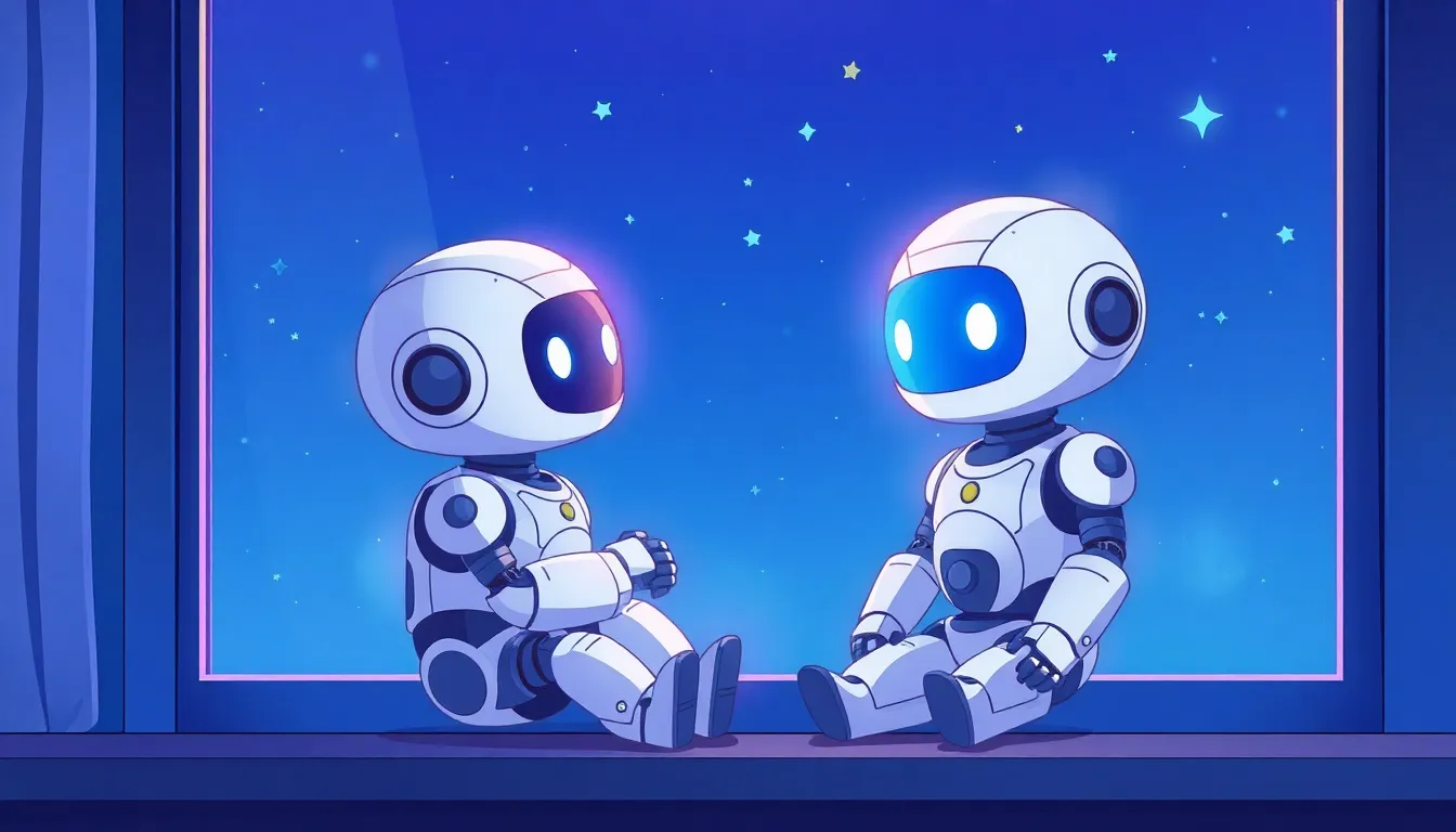 夜、窓辺で星を見つめるAIロボット