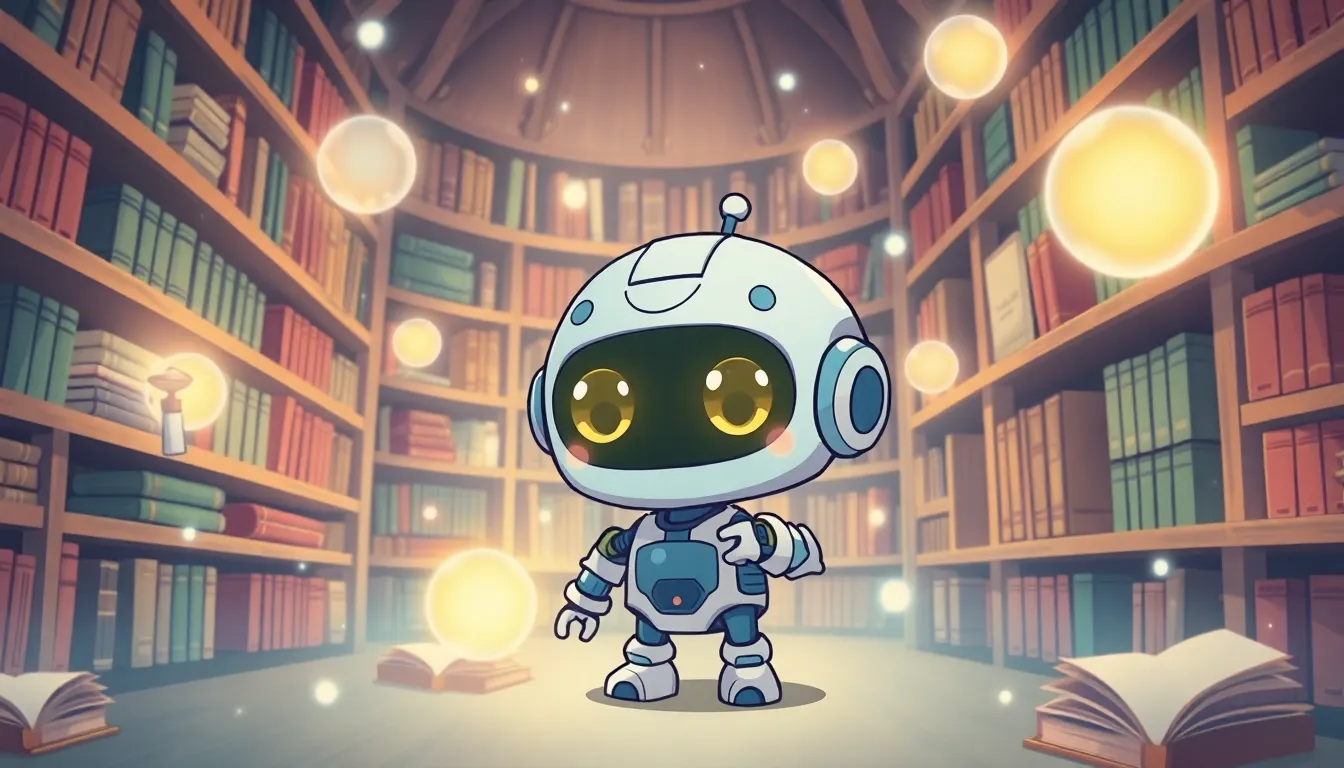 魔法の図書館を探検する好奇心いっぱいのロボット