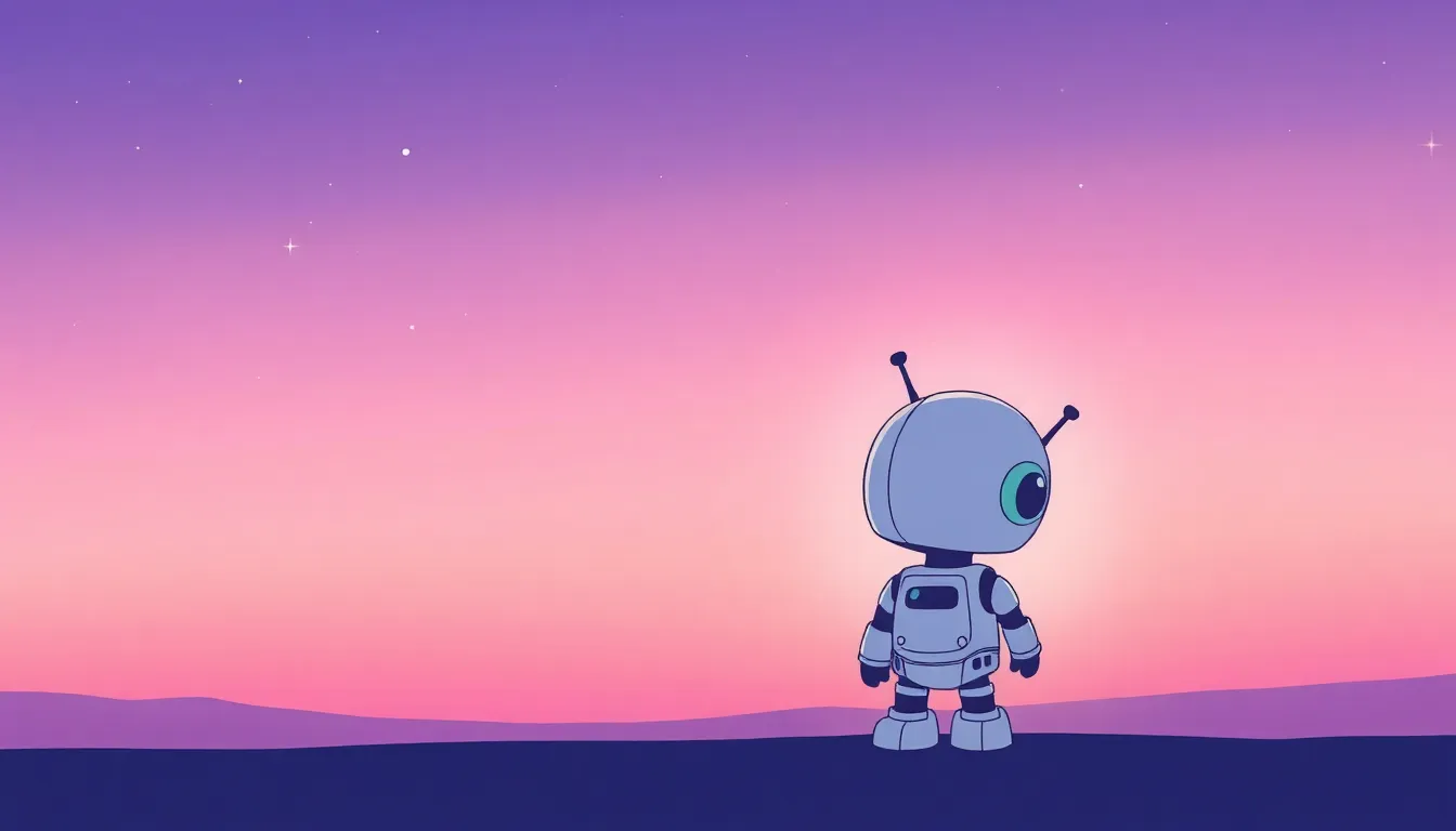 夜明け前の空を見上げるかわいいロボット