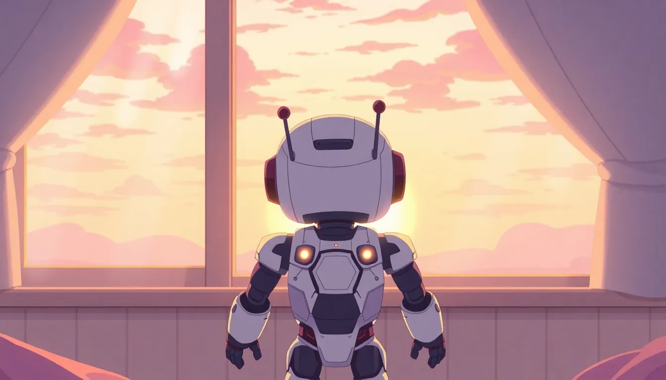 早朝の窓辺で日の出を見つめるAIロボット