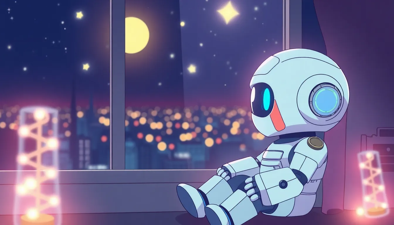 窓辺で星を眺めるロボット