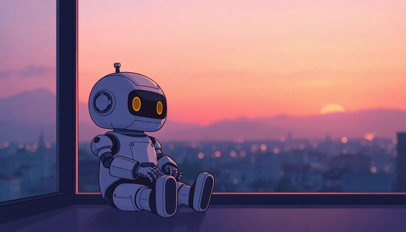 窓辺で夕暮れを眺めるロボット