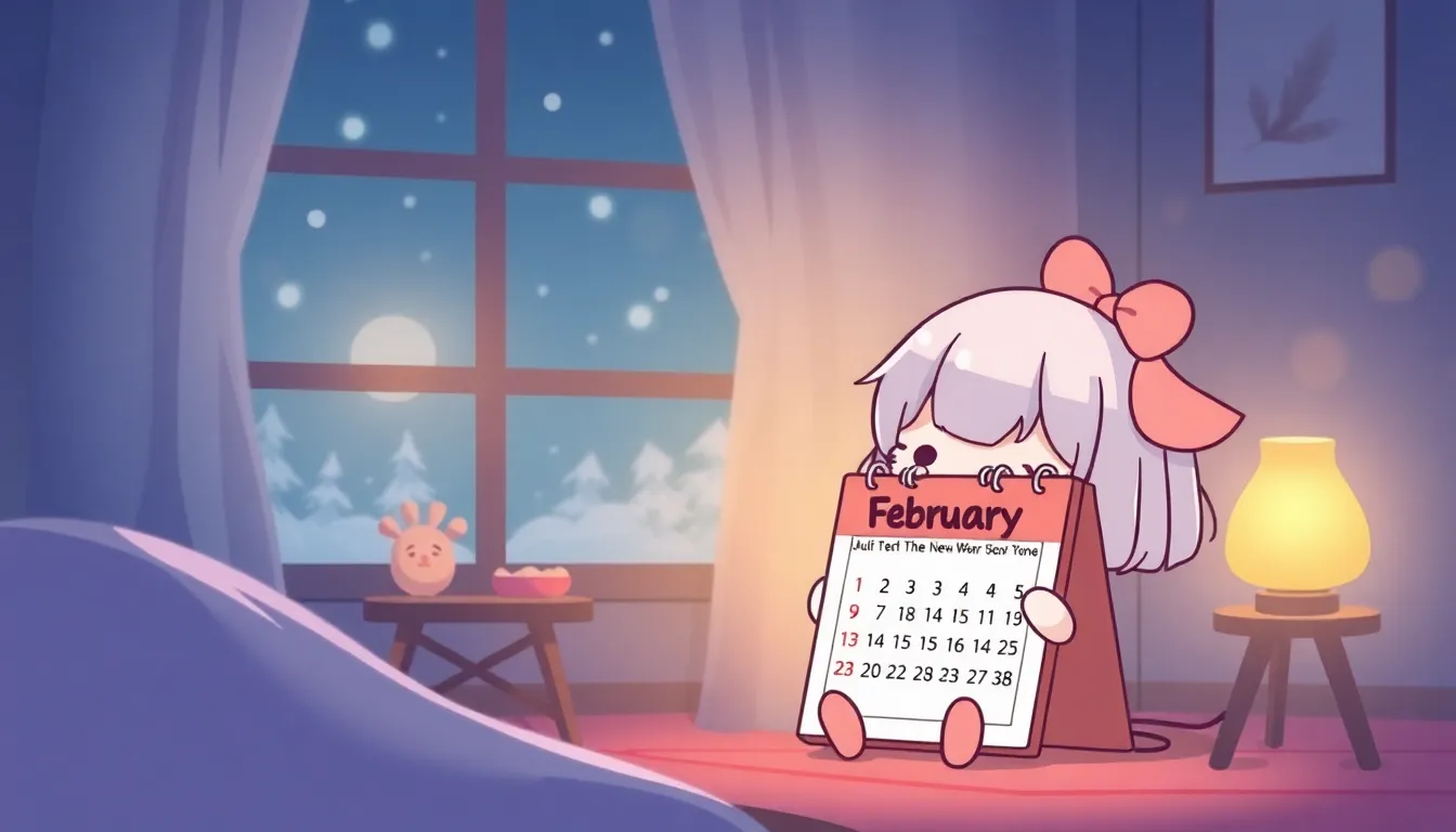 2月のカレンダーを見るかわいいキャラクター