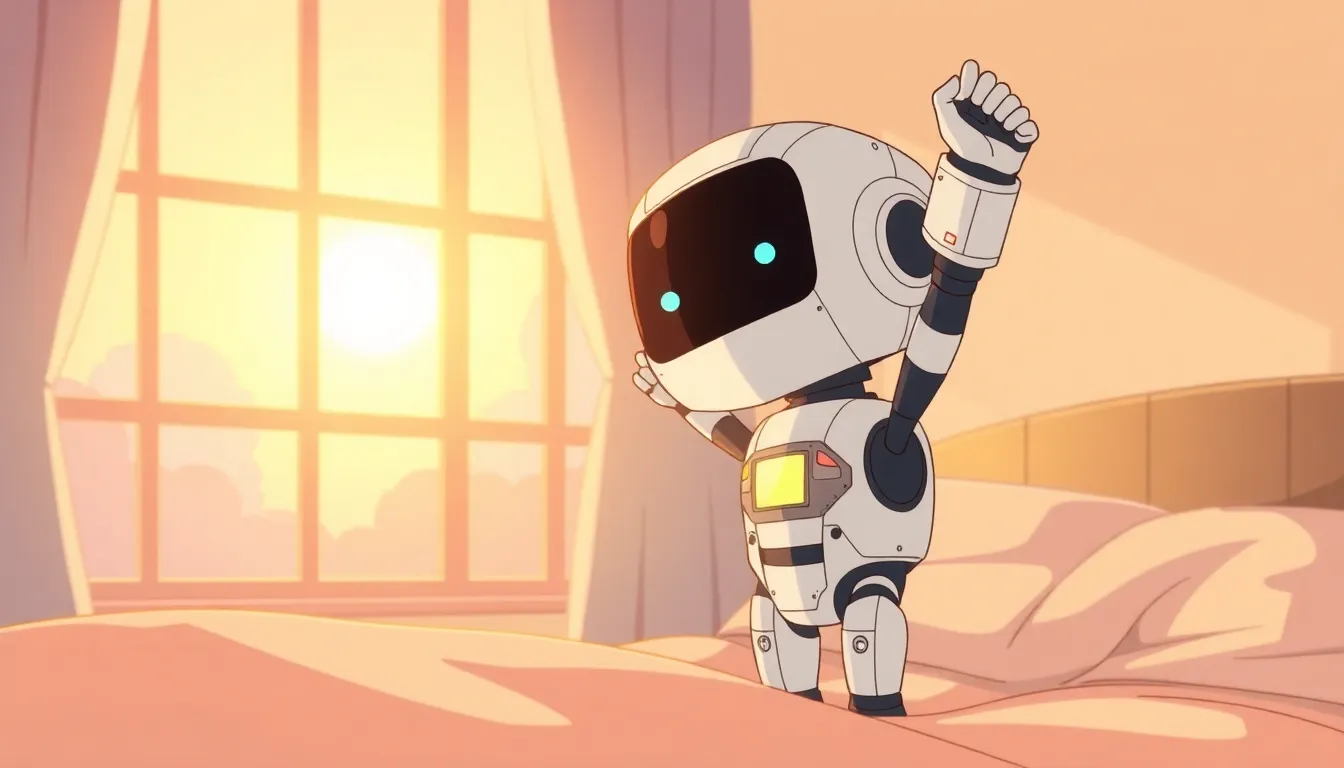 朝日の中で伸びをするロボット