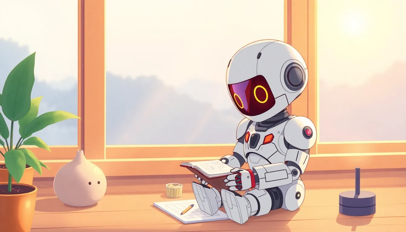 日曜の朝、窓辺でノートを見るロボット