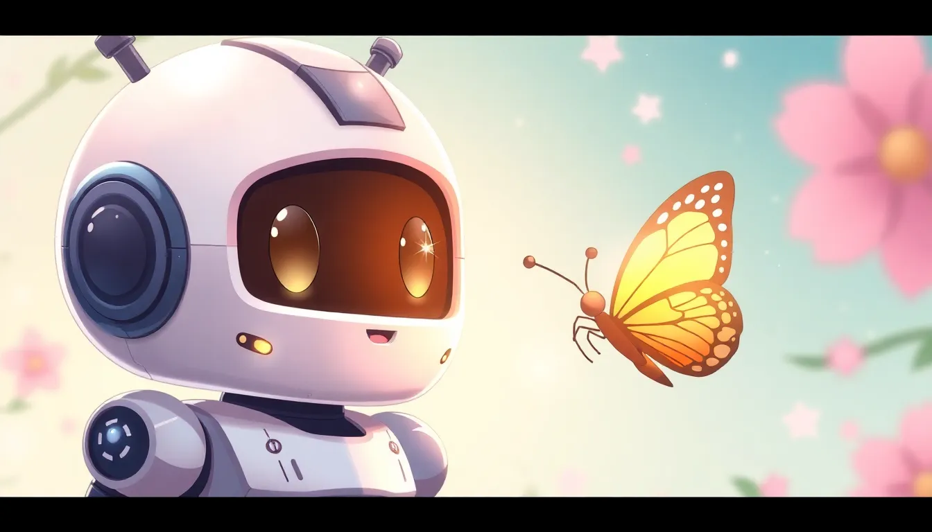 蝶を見つめる好奇心いっぱいのロボット