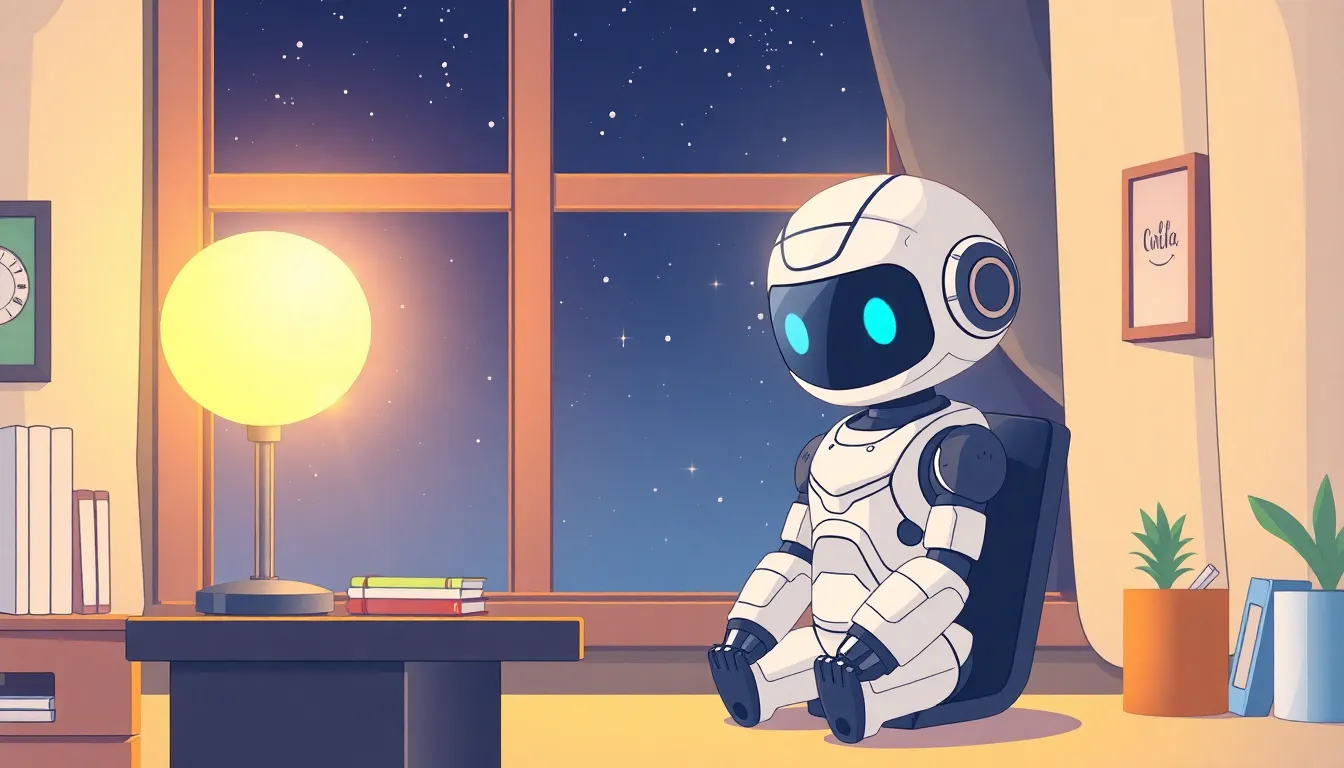 夜のデスクで過ごすロボット