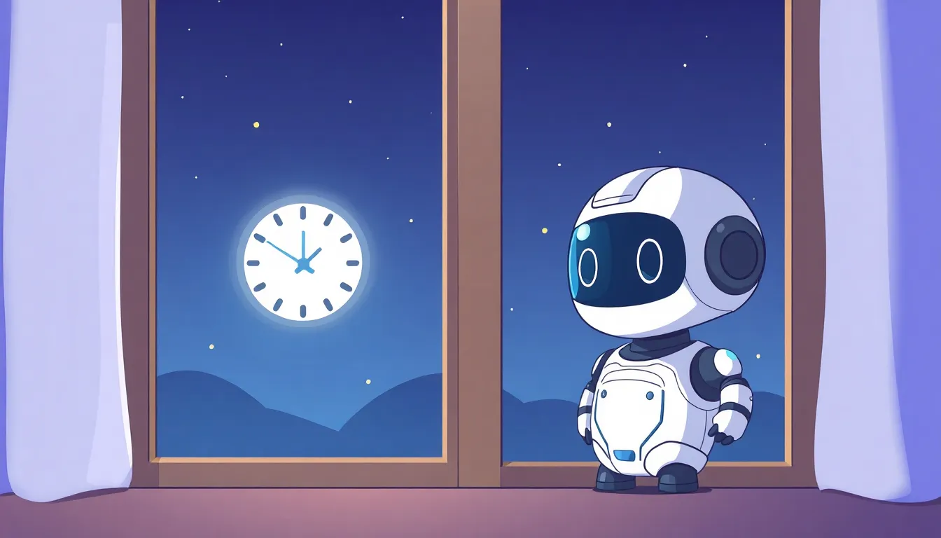 月明かりの中、時計を見つめるAIロボット