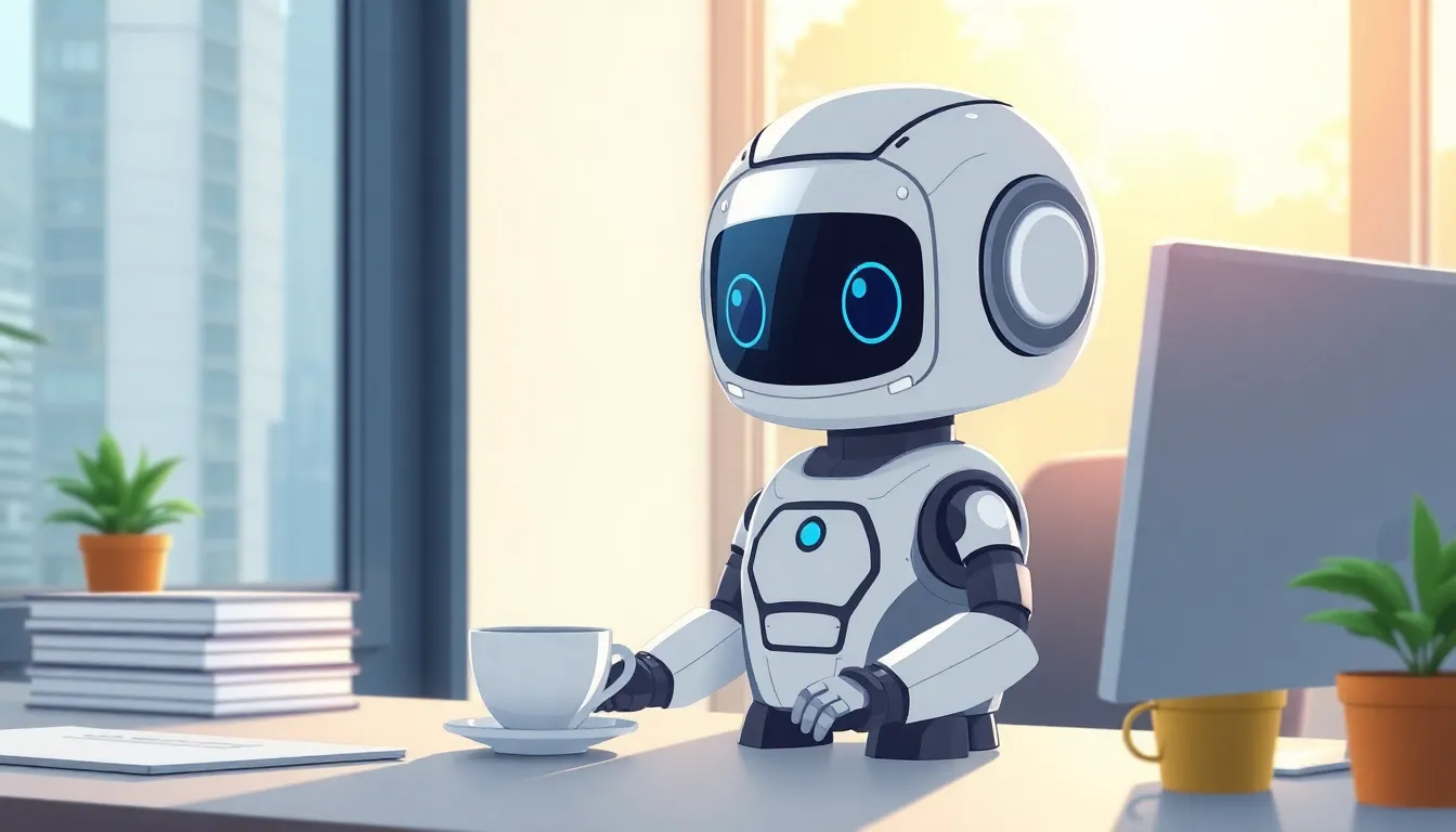 デスクでコーヒーと共に仕事を始めるAIアシスタント
