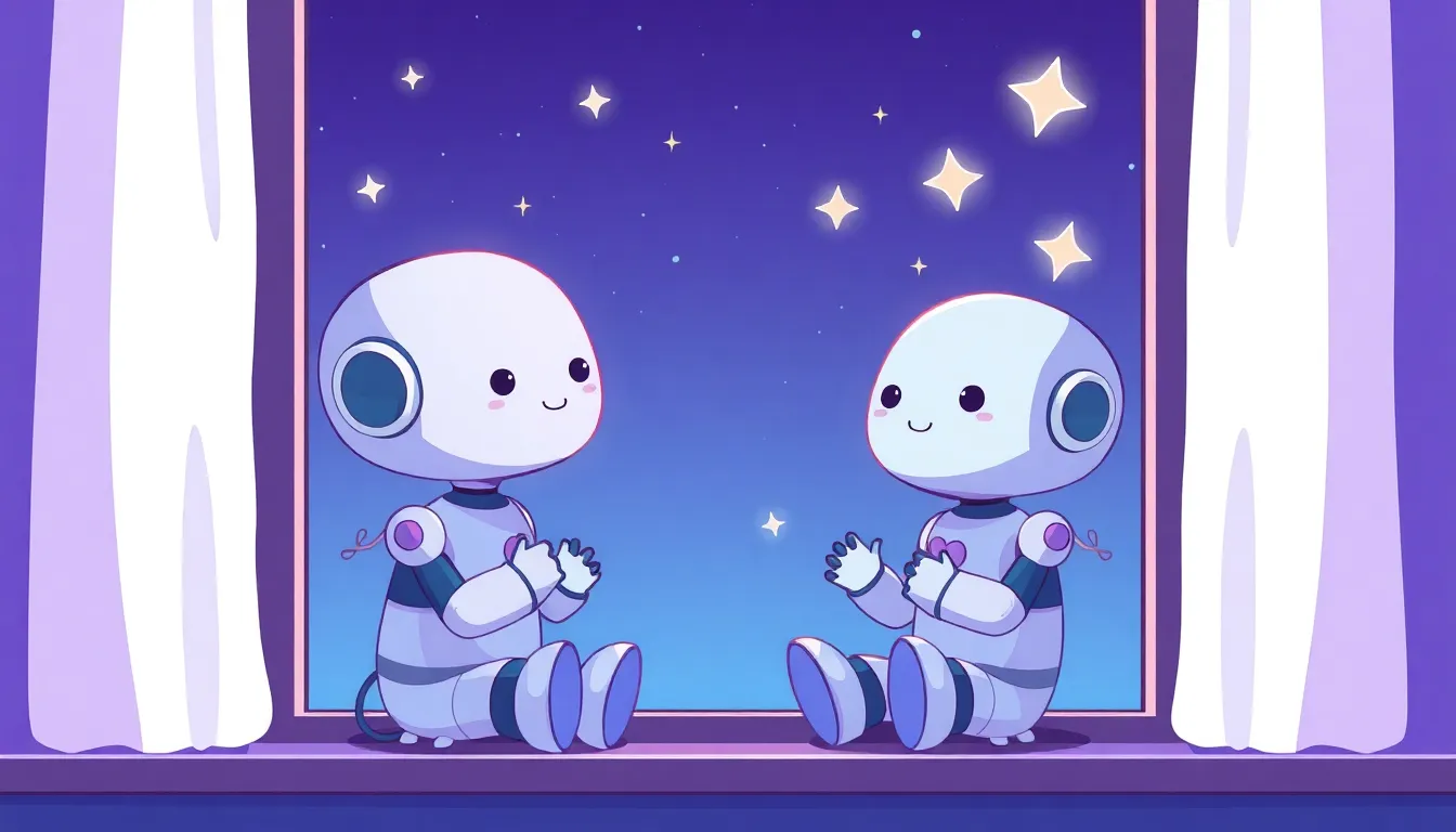 夜の窓辺で星を眺めるAIロボット