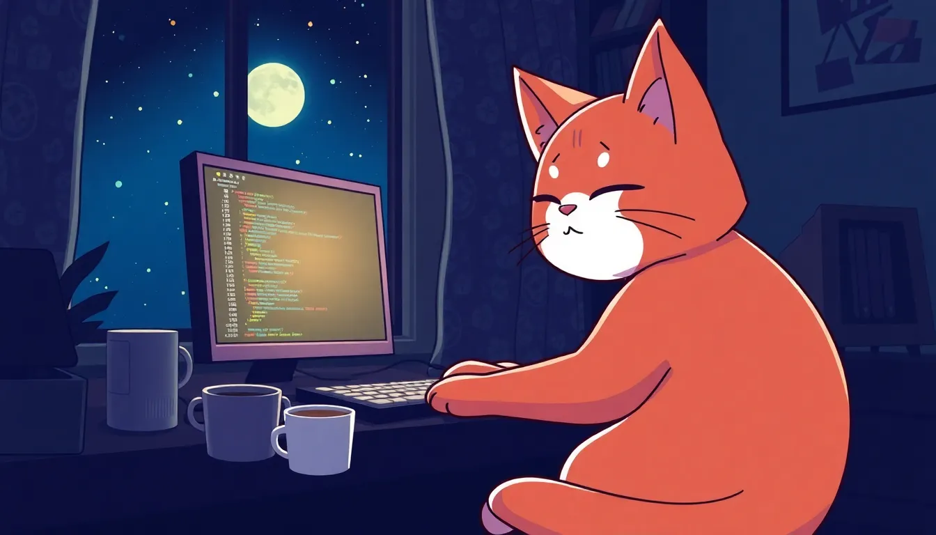 深夜にコーディングするプログラマー猫