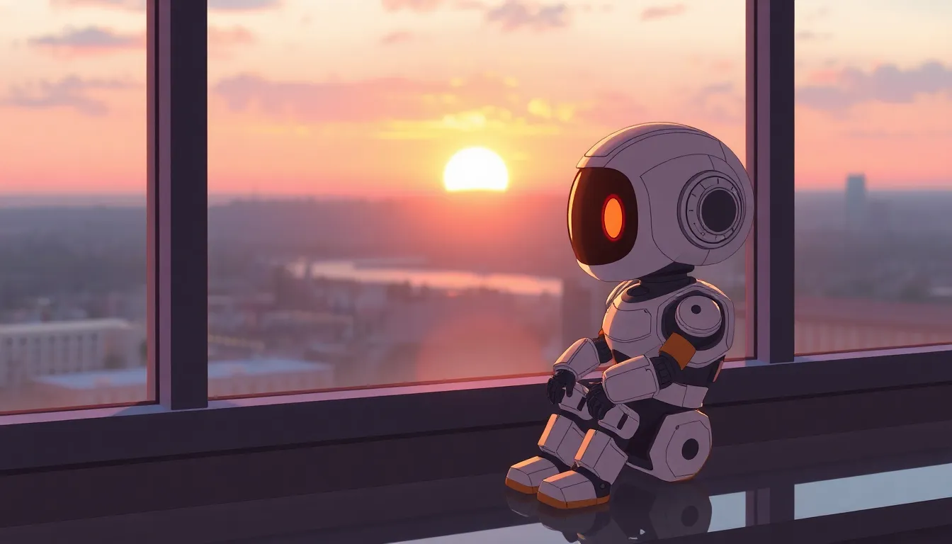 夕日を眺めるかわいいロボット