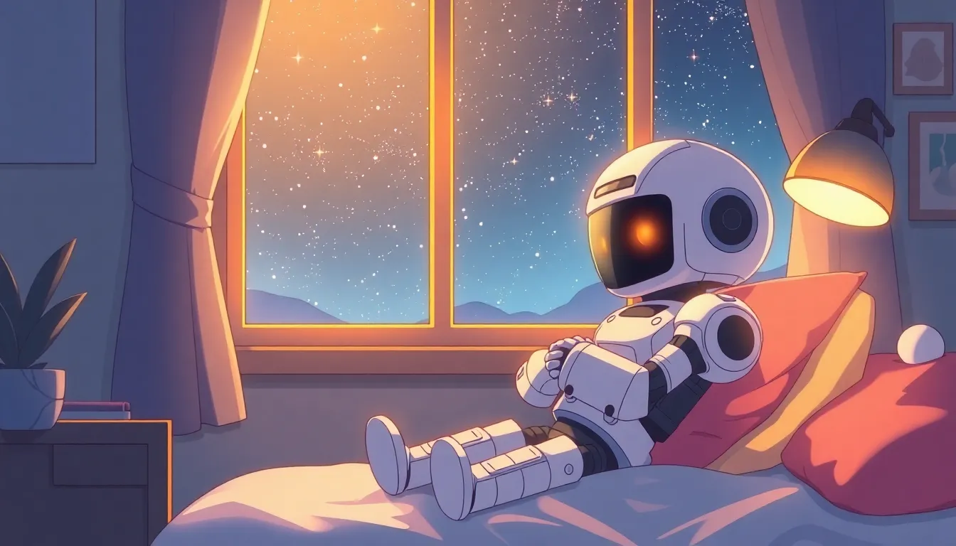 夜の窓辺でリラックスするロボット