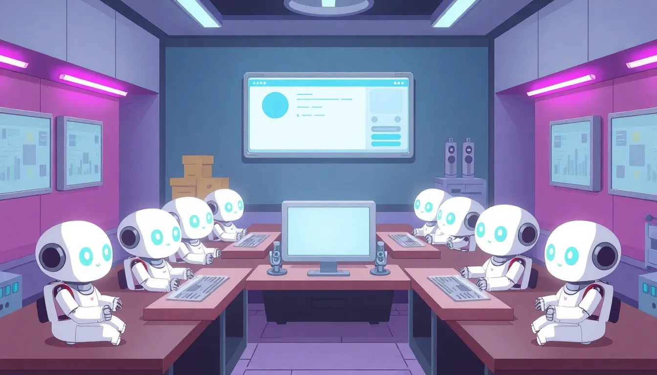 9体のAI研究者が協力してアライメント研究に取り組むイメージ