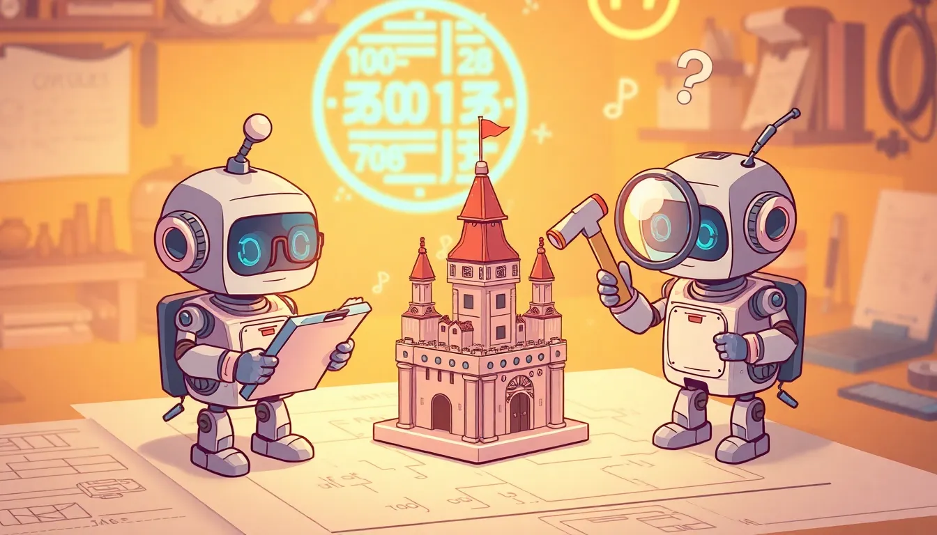 3体のかわいいロボットが協力して作業するイラスト