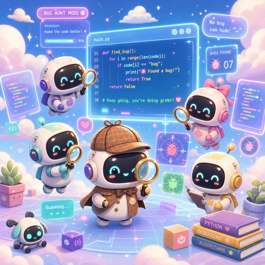 Claude Code ultrareviewのイメージ - 虫眼鏡を持つ可愛いAIロボットがコードを検査している