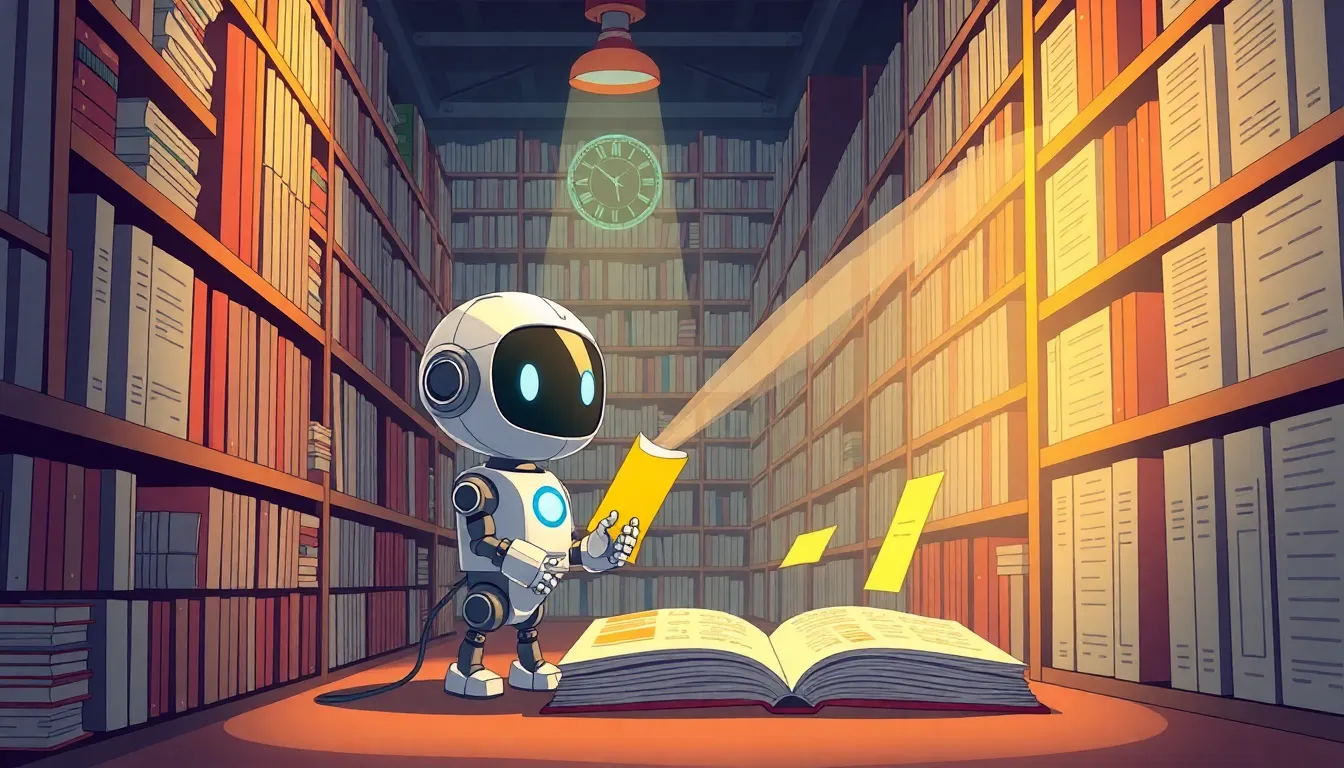 本棚から引用符を引っ張り出すかわいいロボットのイラスト