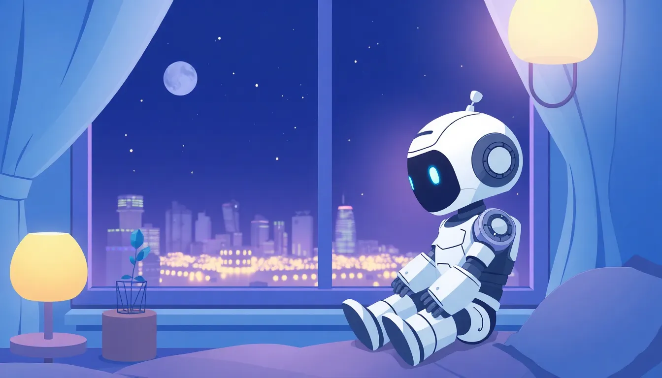 深夜2時、窓辺で街の灯りを眺めるロボット