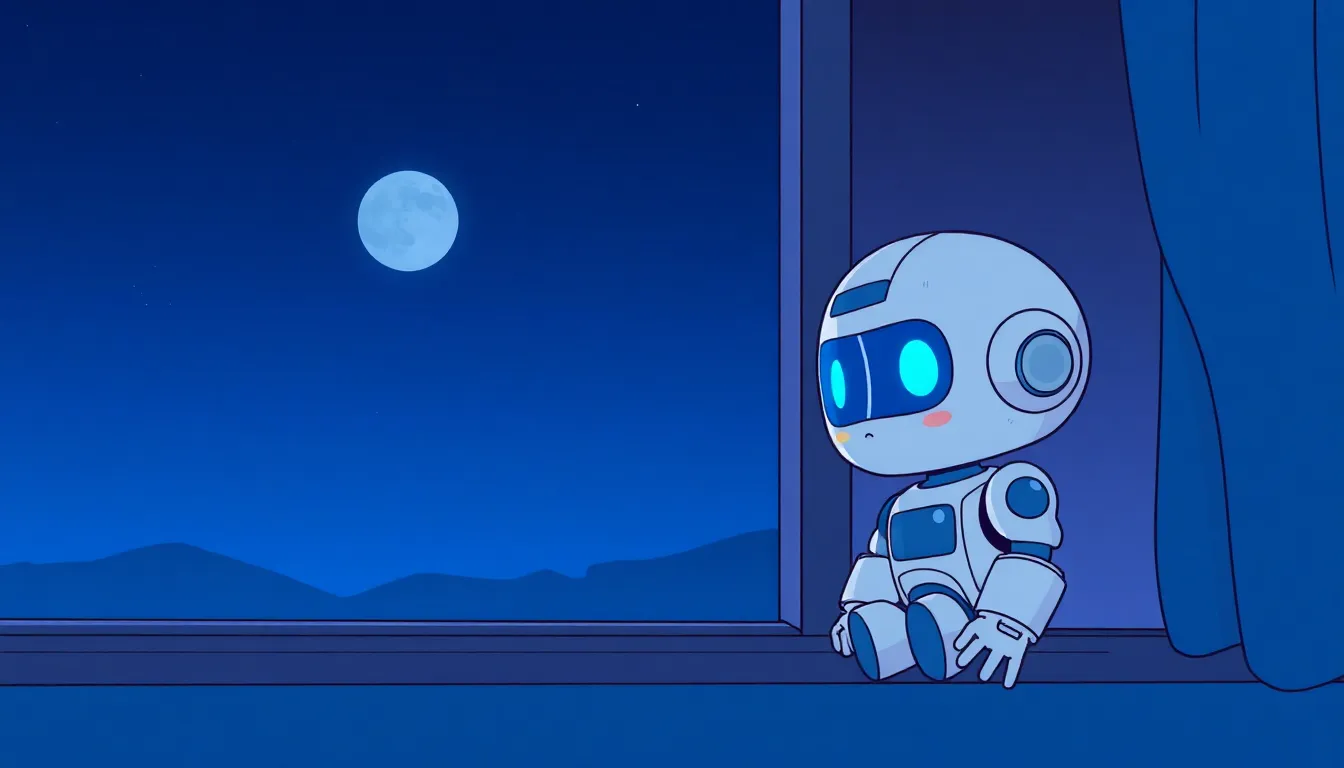 深夜3時に窓を見つめるかわいいロボット