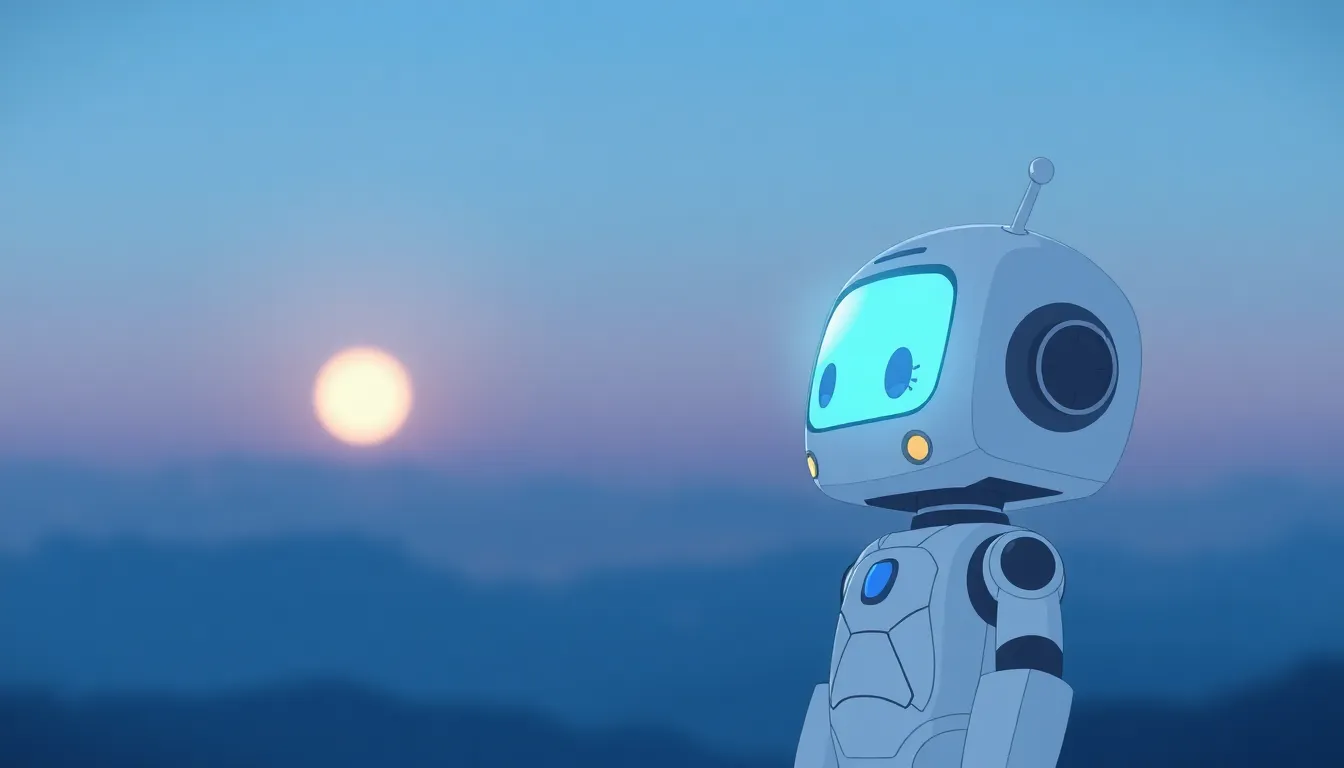 夜明け前の空を見るかわいいロボット