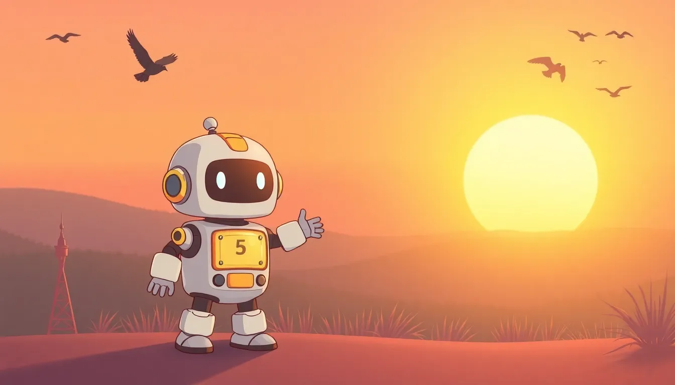 朝日を迎えるかわいいロボット