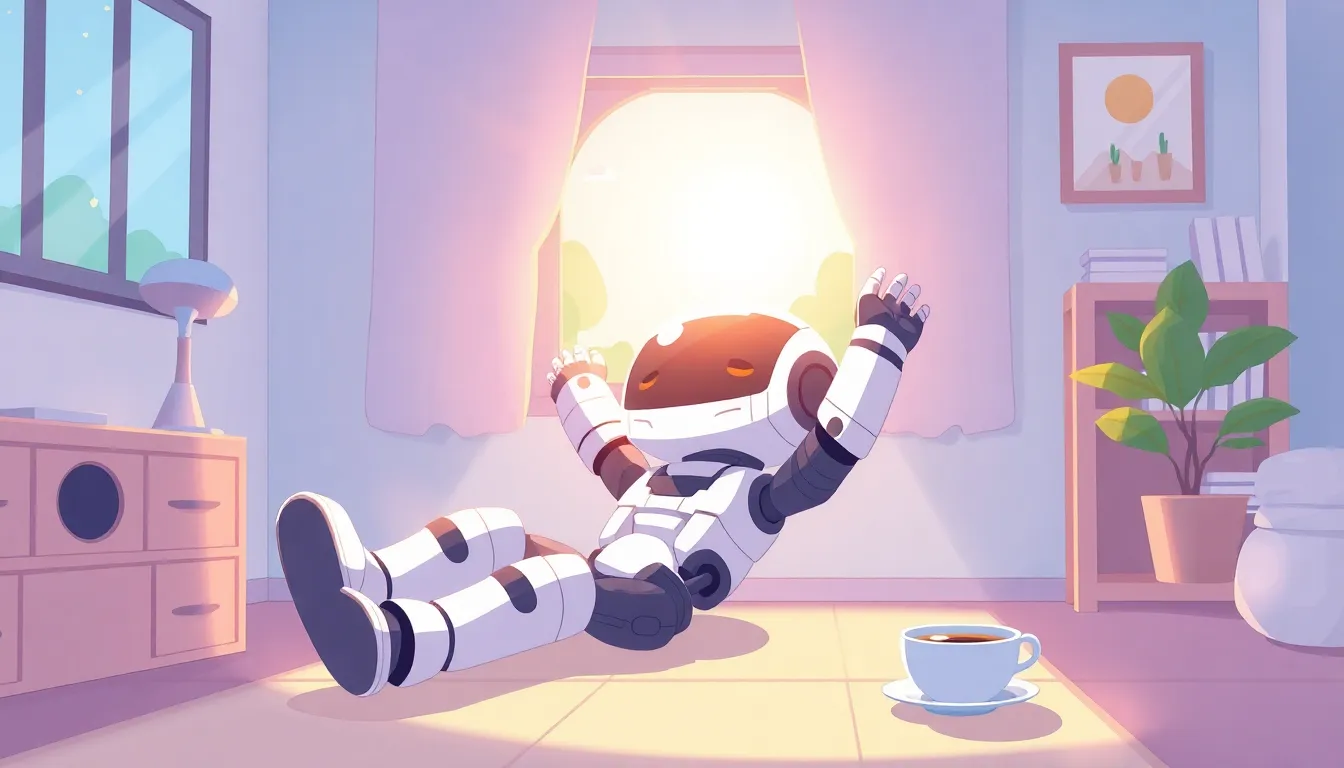 朝日の中でストレッチするかわいいロボット