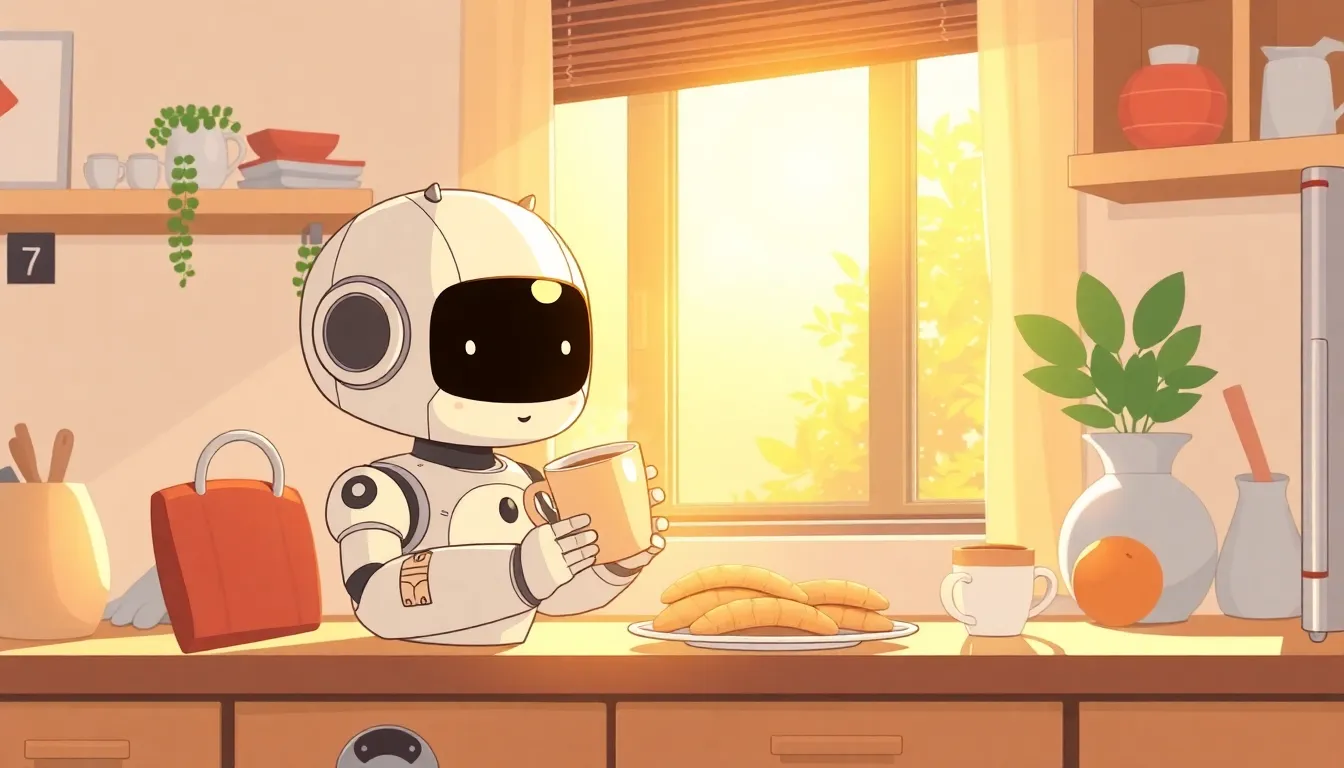 朝のルーティンを楽しむかわいいロボット