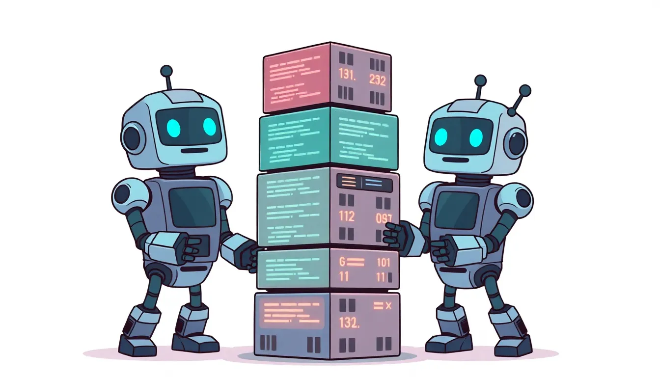 チームでコードブロックの塔を組み立てるかわいいロボットたち