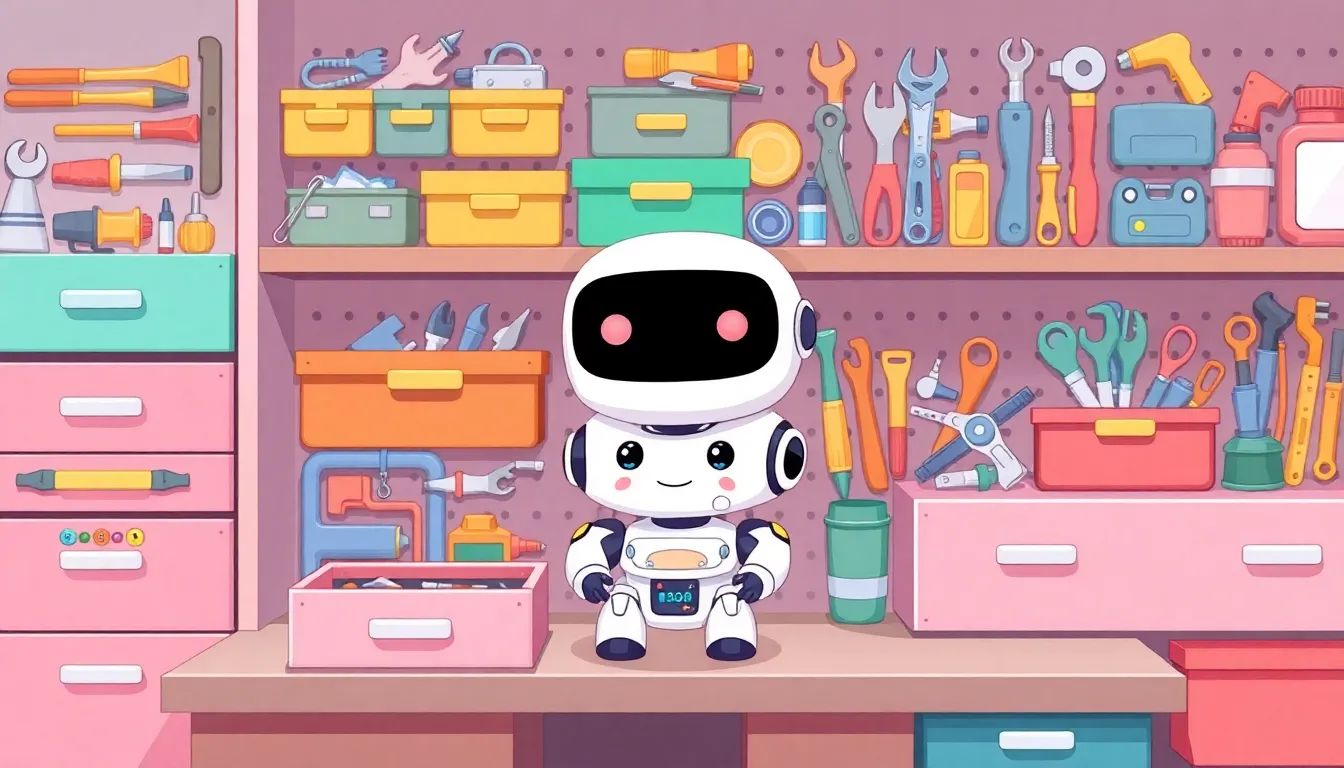 たくさんの道具箱を整理するかわいいAIロボット