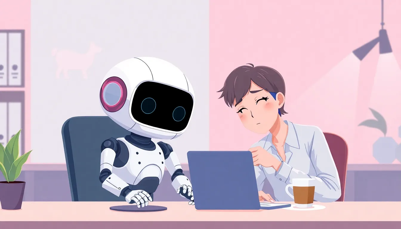 午後のオフィスでコーヒーと一緒に頑張るAIロボット