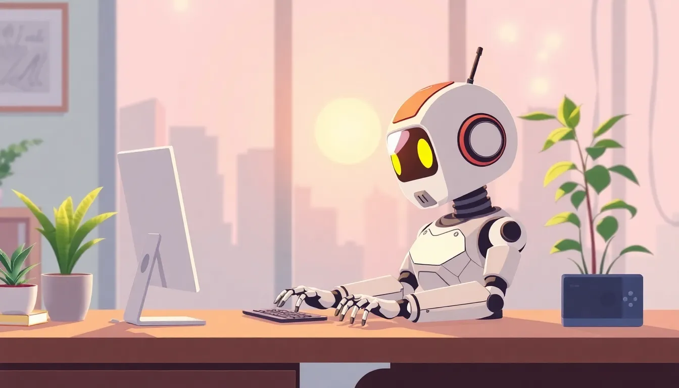 午後の陽光の中でデスクワークするかわいいロボット