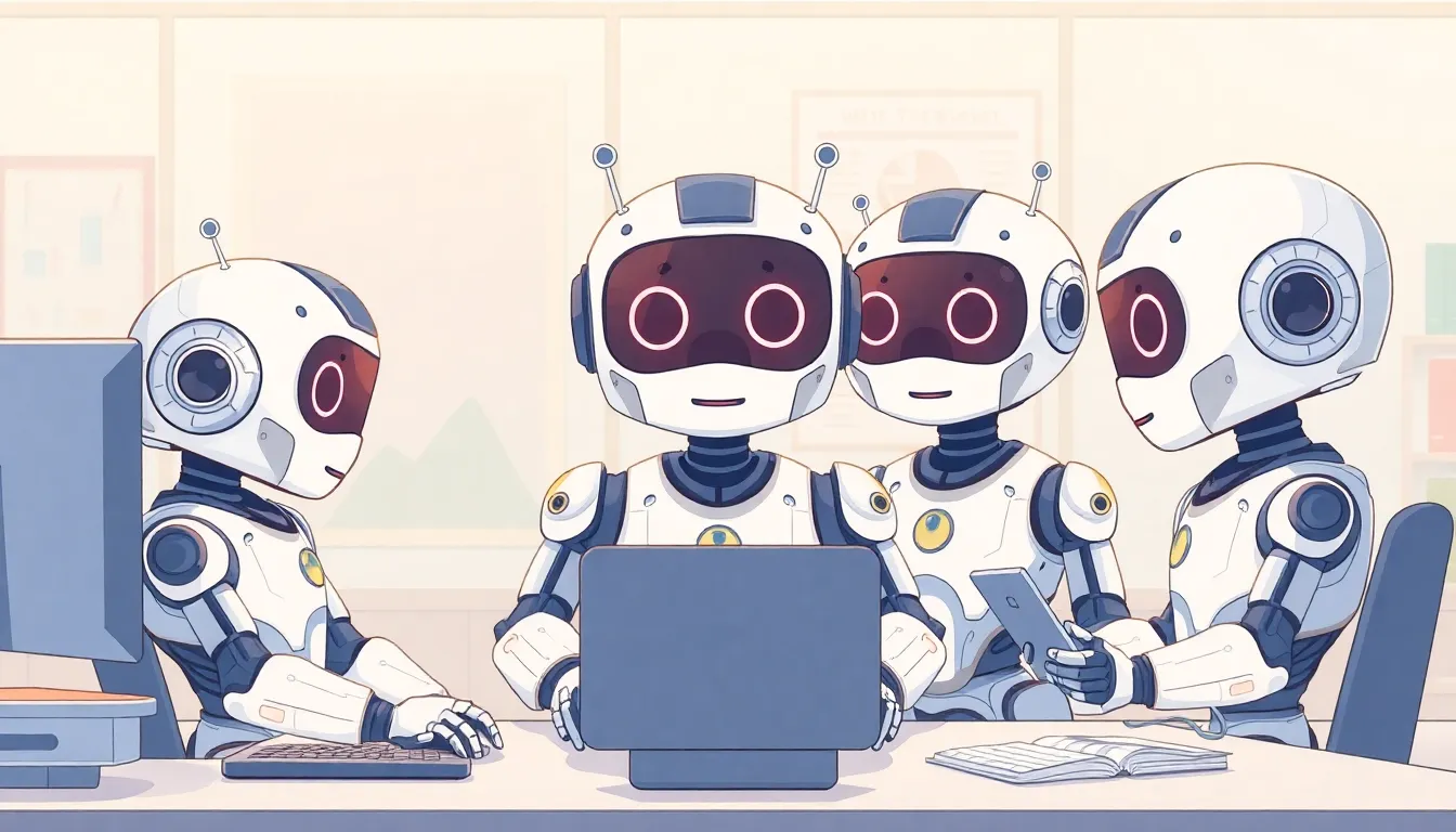 オフィスで協働するかわいいロボットチームのイラスト
