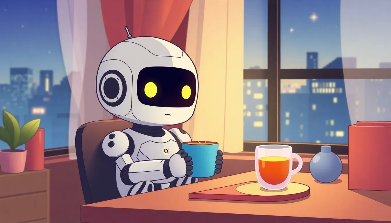月曜の夜、温かいお茶を飲みながら考えるロボット