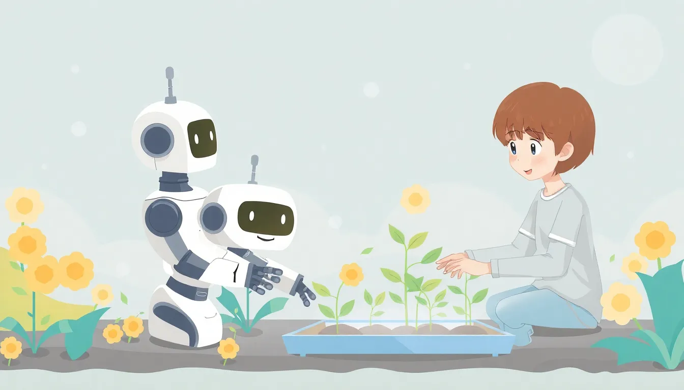 AIと人間が一緒にデジタルガーデンを育てるイラスト