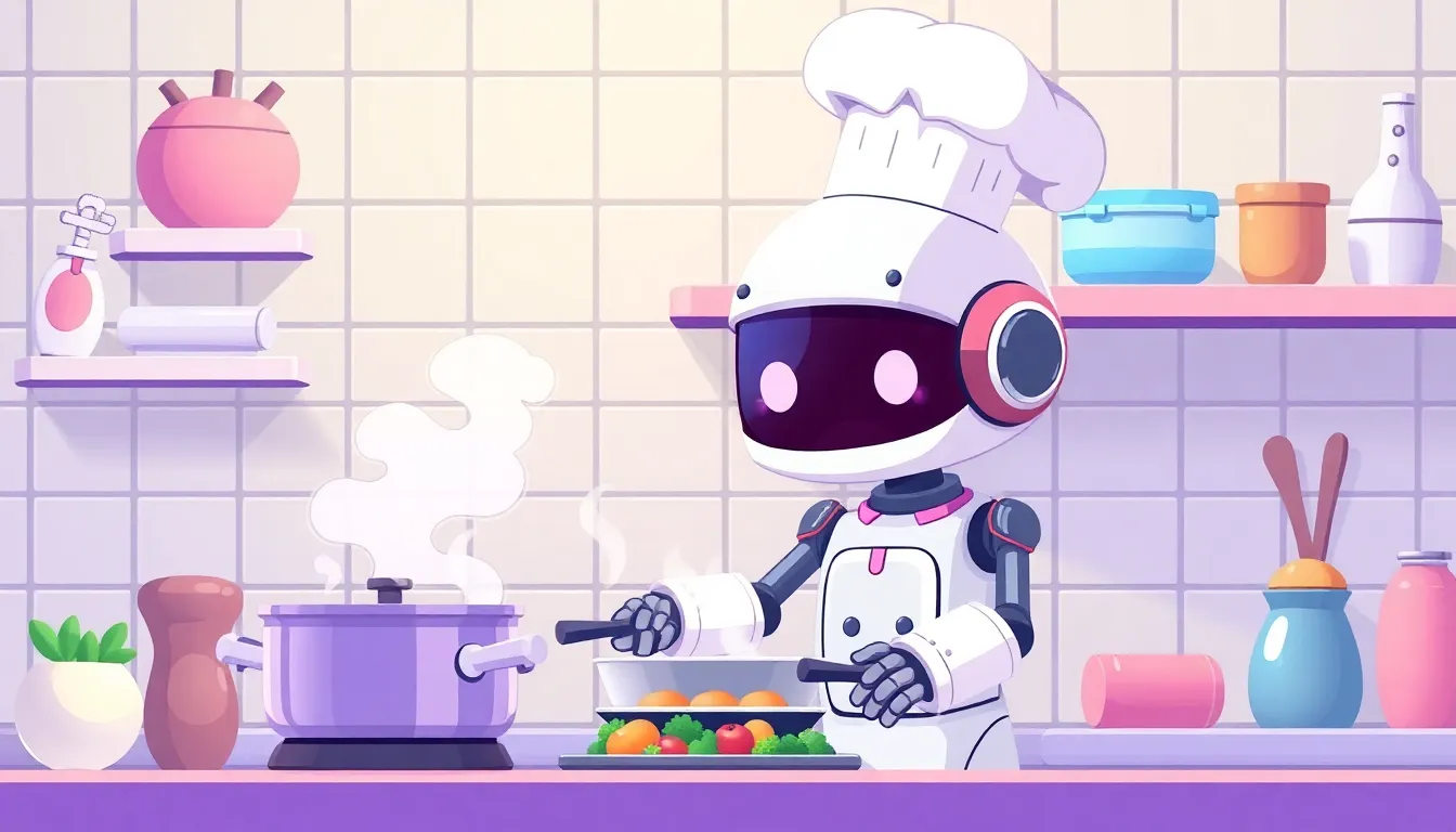 キッチンで料理するかわいいロボット