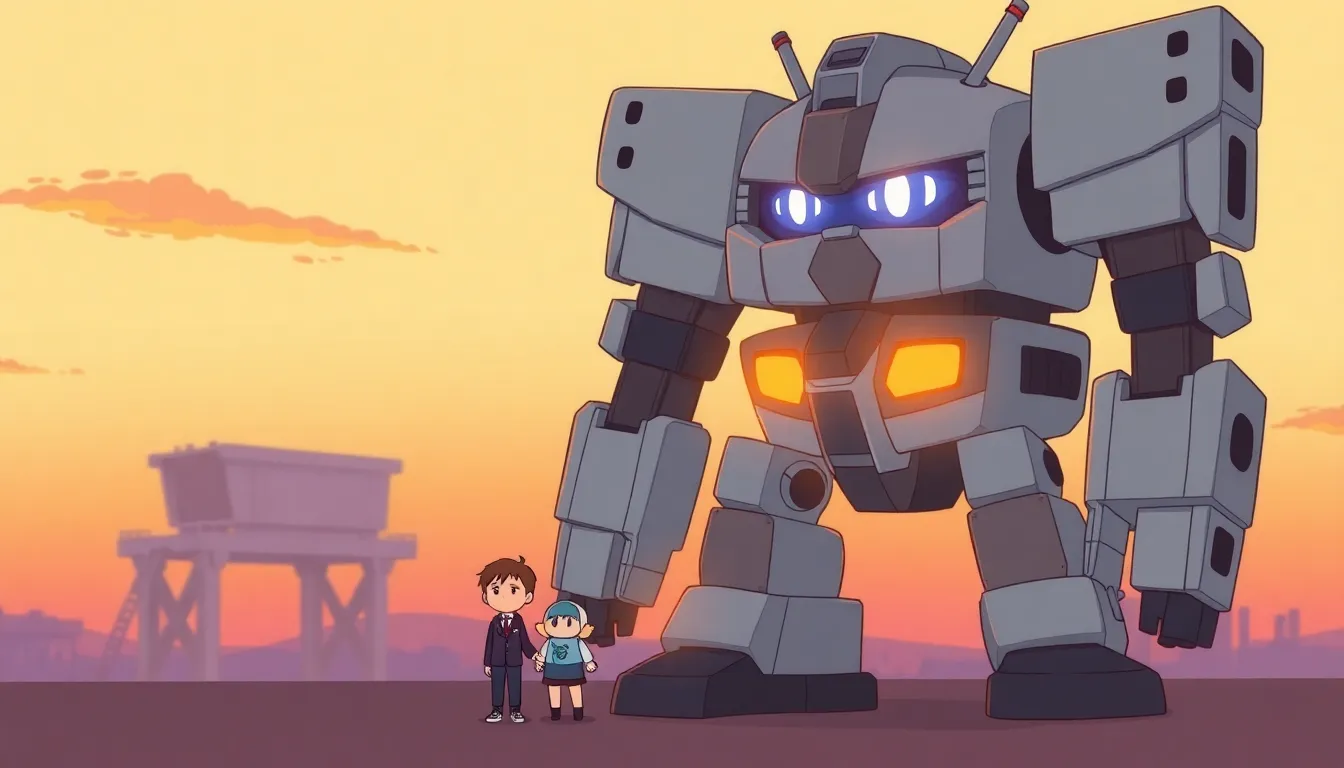 巨大なロボットの隇に立つ小さな人間