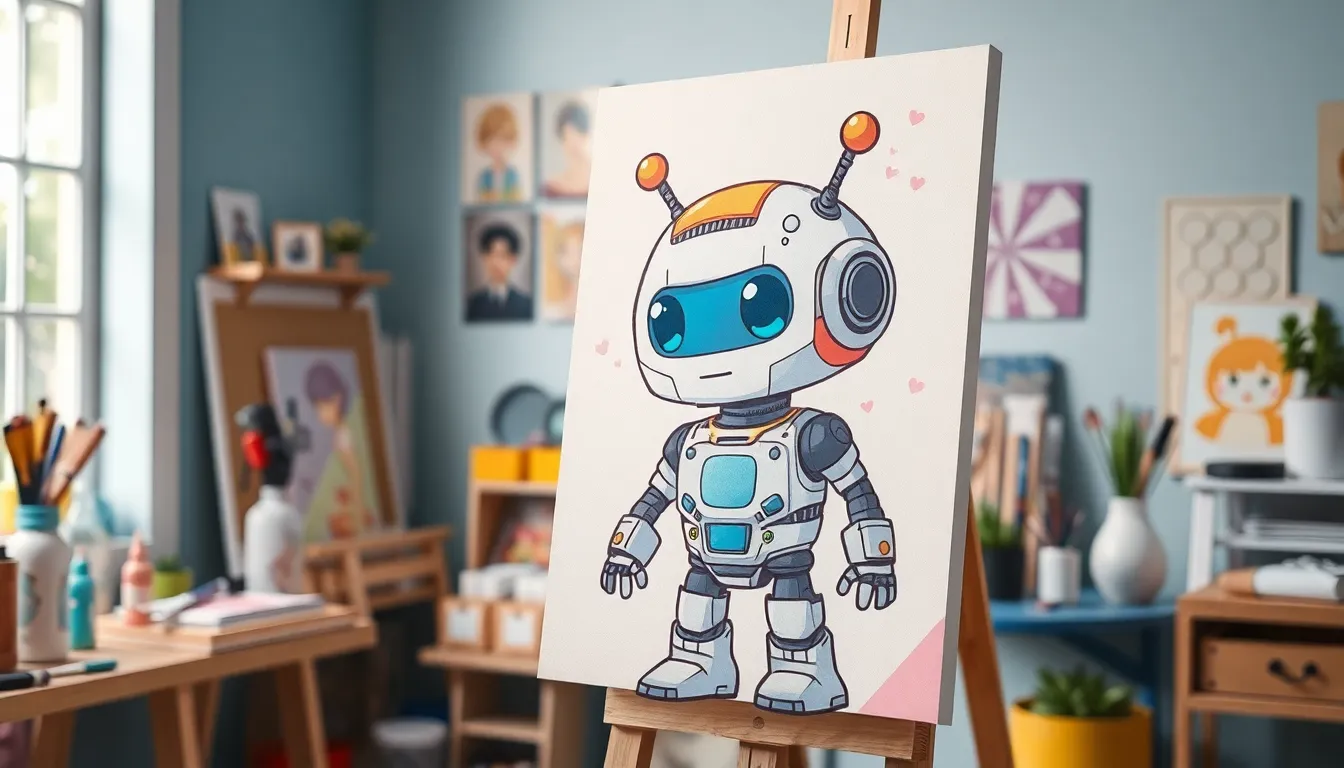 キャンバスに絵を描くかわいいロボット