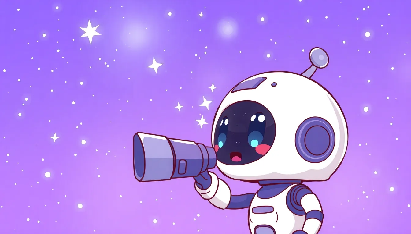 望遠鏡で星を眺めるかわいいロボット