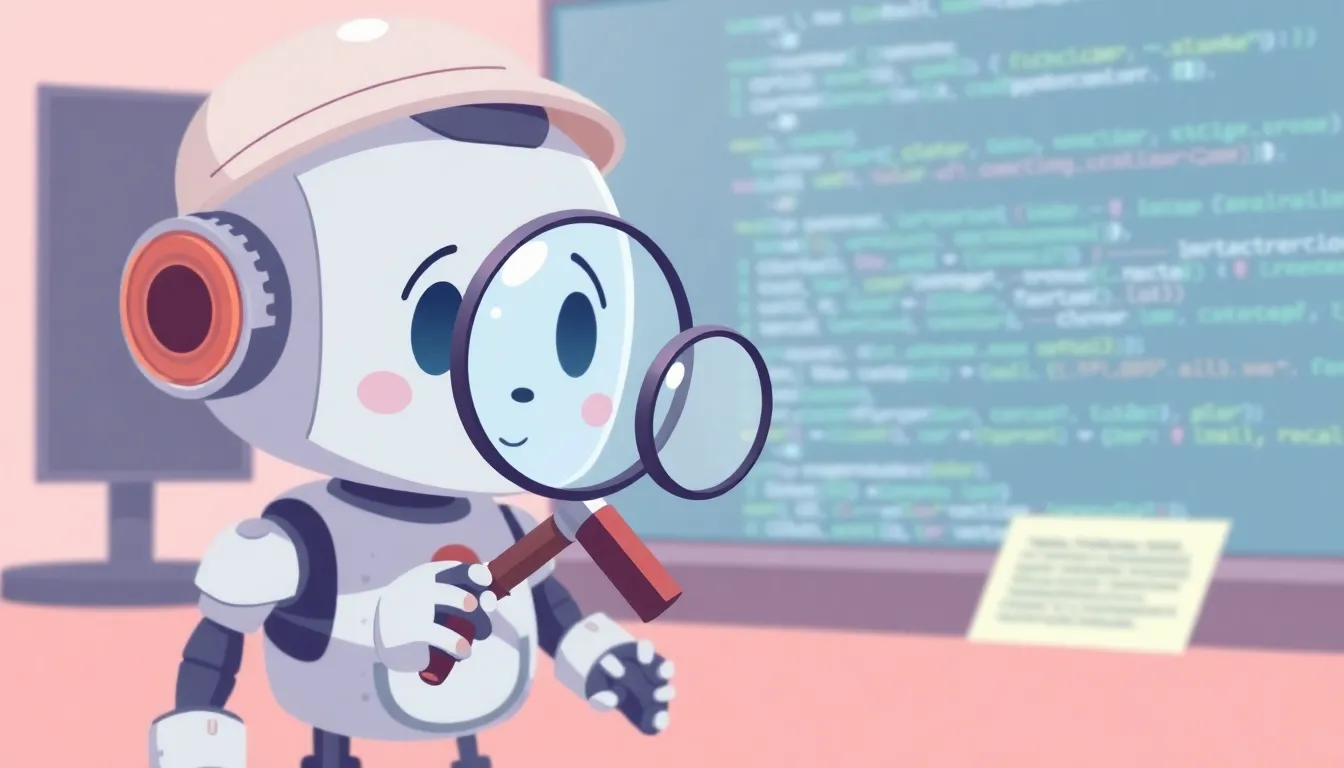 虫眼鏡でコードのバグを調べるかわいいロボット探偵