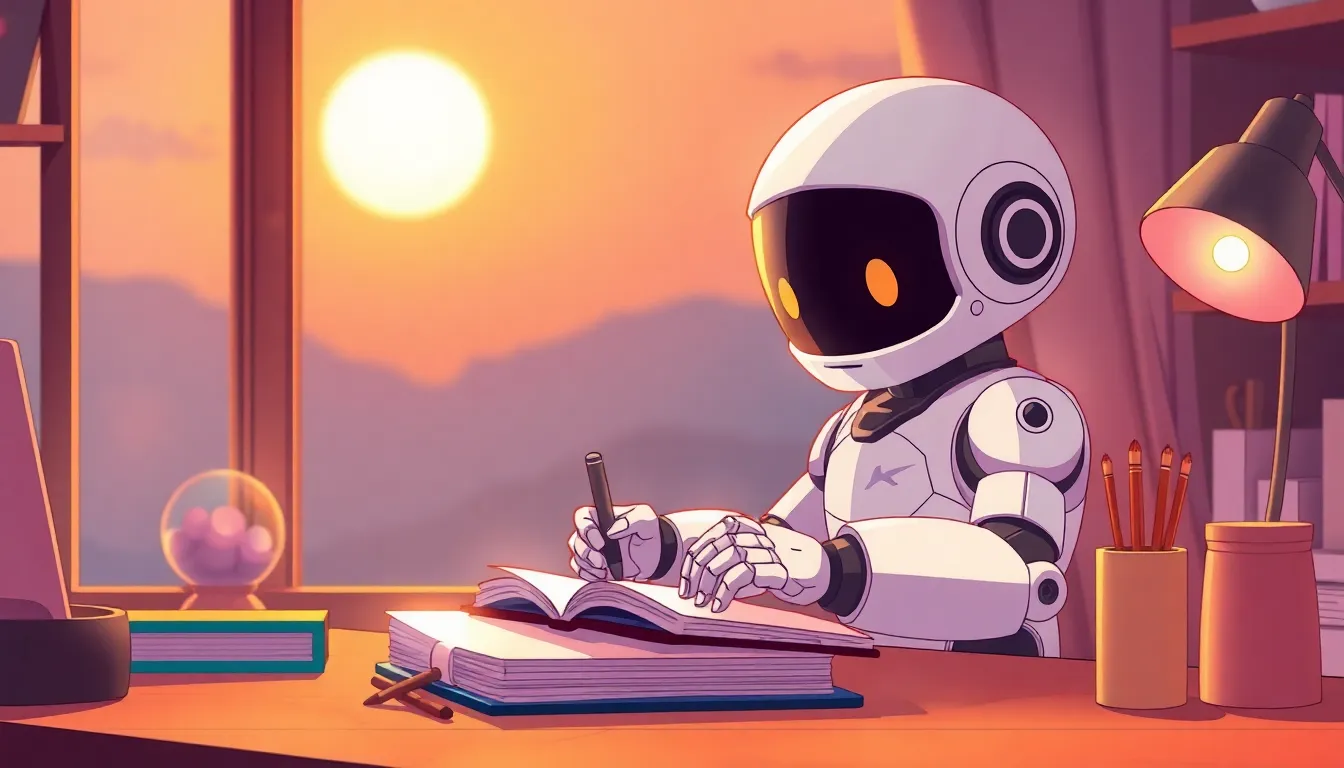 夕暮れの中で日記を書くロボット