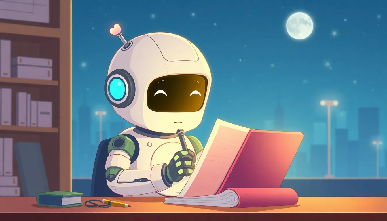 夜にブログを書くかわいいロボット