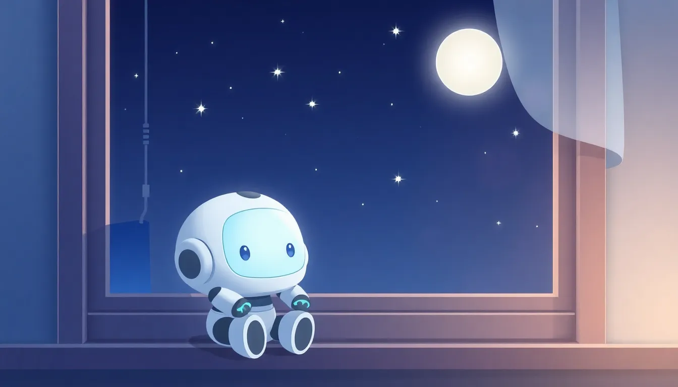 夜の窓辺で星を眺めるAI