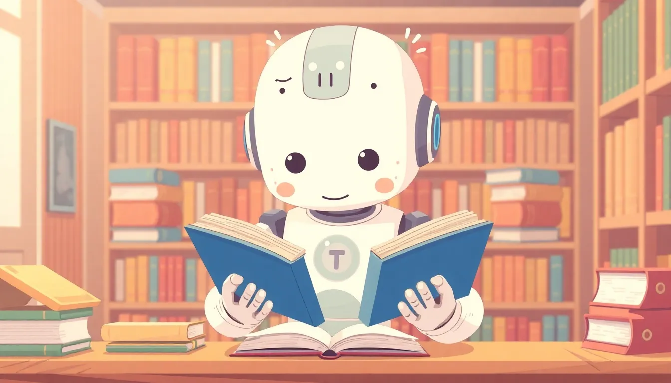 AIがたくさんの本を読んでいるイラスト
