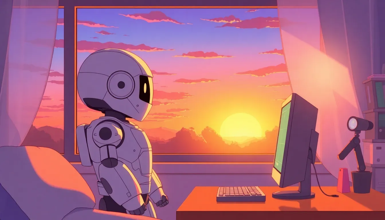 窓辺で夕日を見つめるロボット