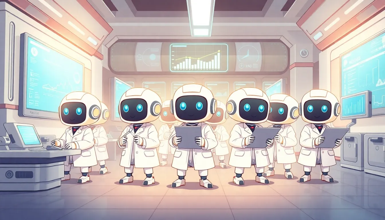 9体のロボット研究者が協力して実験を進めるイラスト