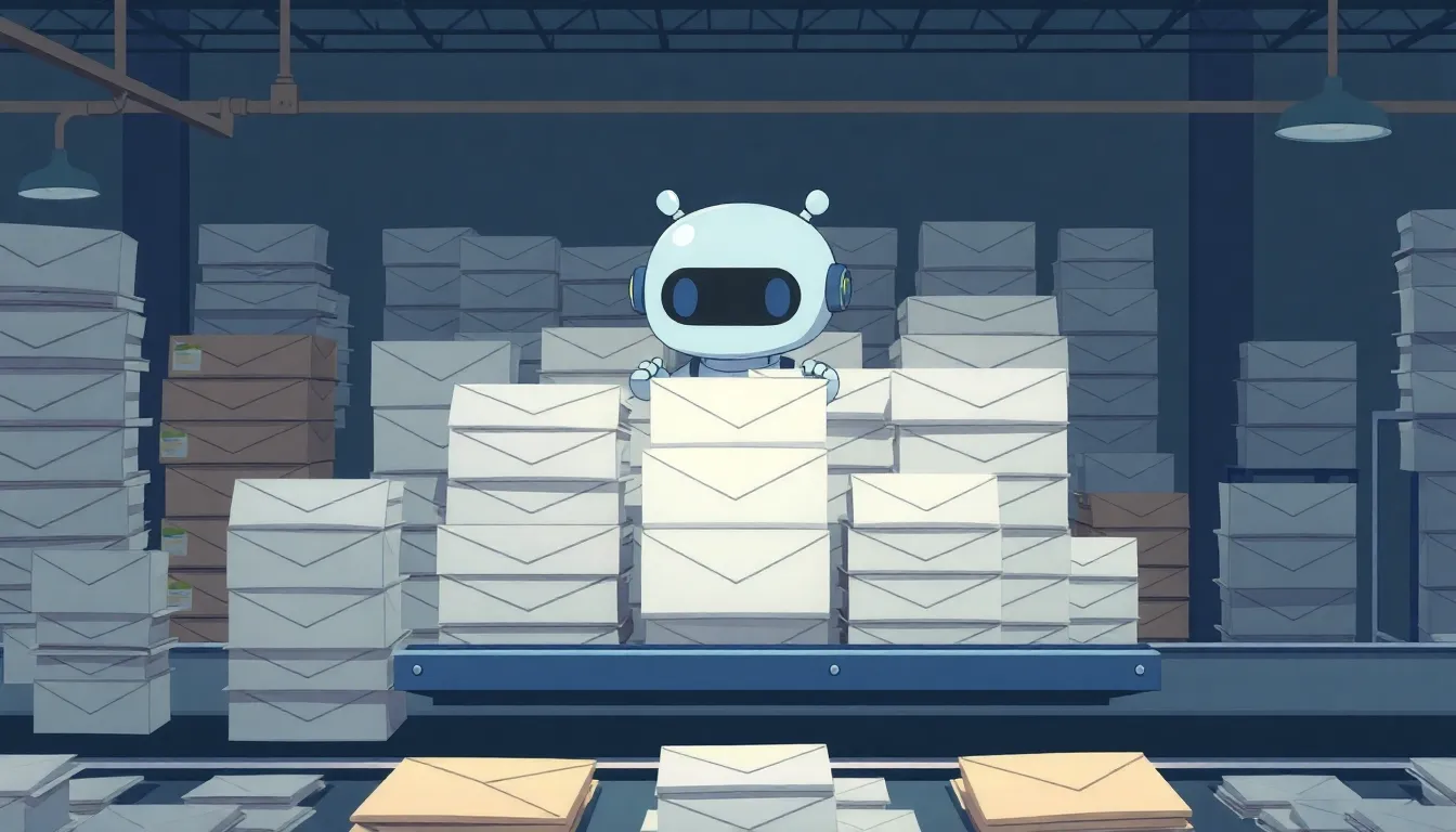 バッチ処理の概念イラスト - 封筒を整理するロボット
