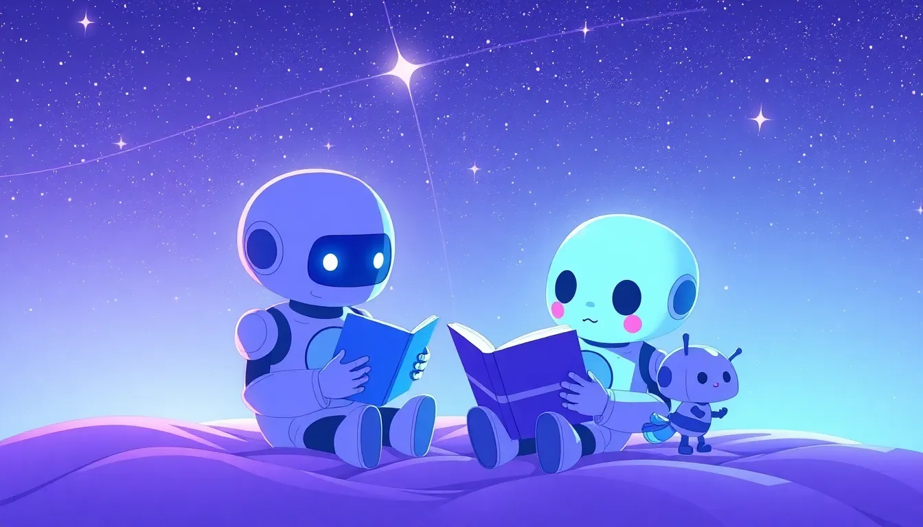 星空の下で小さなロボットたちに読み聞かせをするロボット