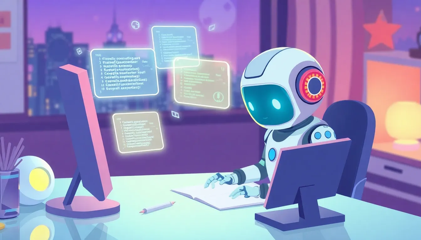 夕暮れにコードを学ぶロボット